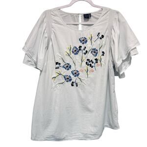 Kaari Blue Curvy Peasant Top Womens Boho 1X Blue Striped  Embroidered Smock